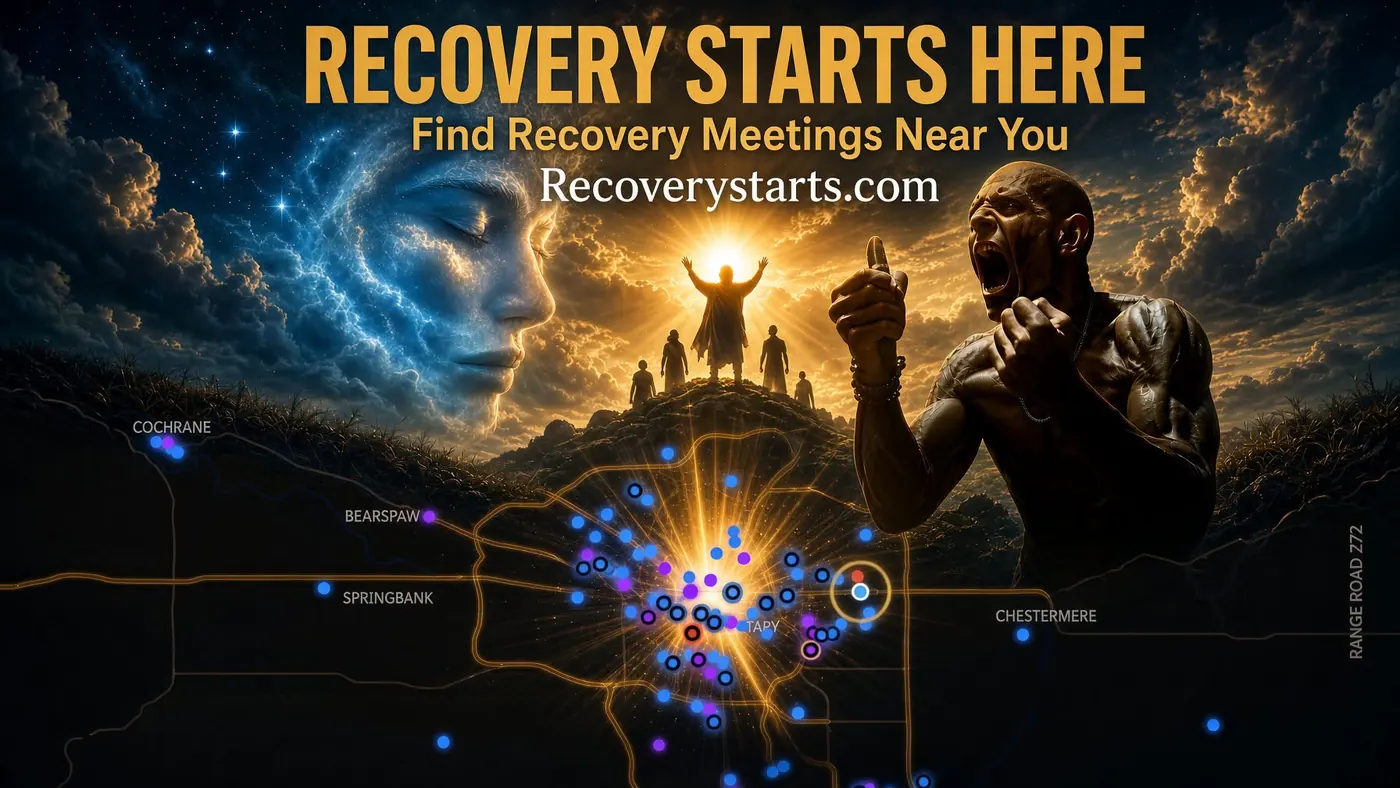 Recovery Starts poster: Find recovery meetings near you, over a glowing map of meetings around Calgary